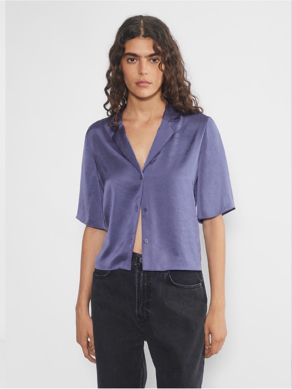 Aritzia Purple Satin Short-Sleeve Button Up Blouse - Picture 5 of 5